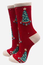 Load image into Gallery viewer, Red Women&#39;s Christmas Tree Print Bamboo Socks
