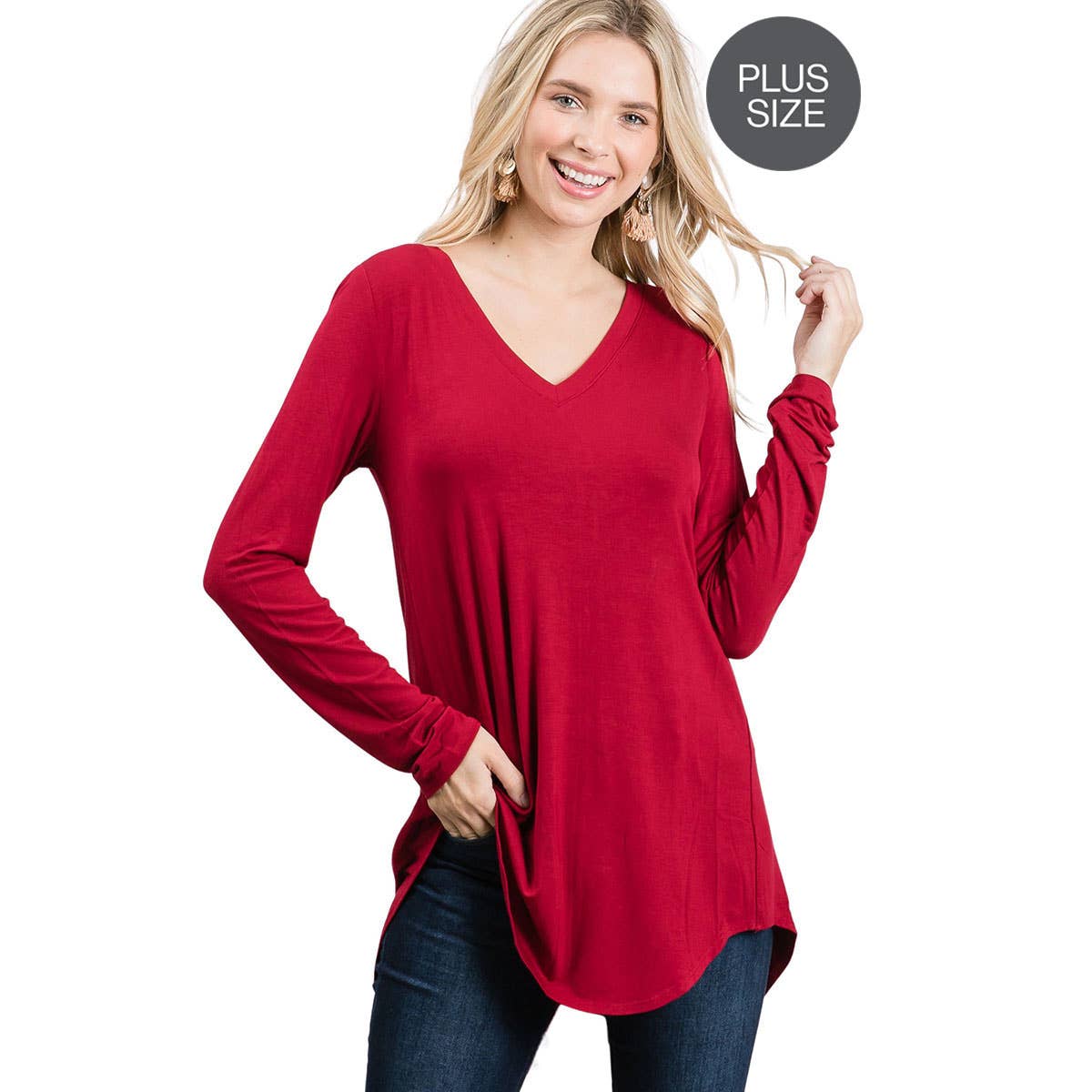 PLUS LONG SLEEVE V-NECK DOLPHIN HEM TOP