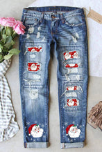 Load image into Gallery viewer, Sky Blue Christmas Santa Claus Patchwork Distressed Boyfriend
