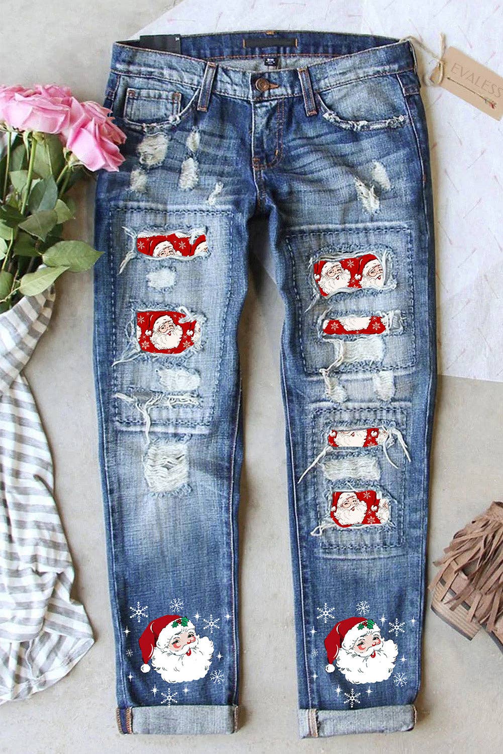 Sky Blue Christmas Santa Claus Patchwork Distressed Boyfriend
