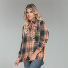 Load image into Gallery viewer, Plaid &amp; Velvet Embroidered Button Front Shirt: Rust
