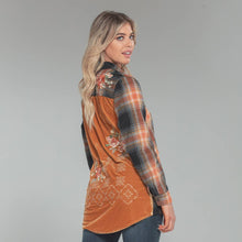 Load image into Gallery viewer, Plaid &amp; Velvet Embroidered Button Front Shirt: Rust
