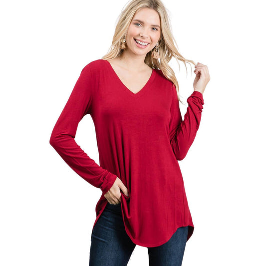 LONG SLEEVE V-NECK DOLPHIN HEM TOP