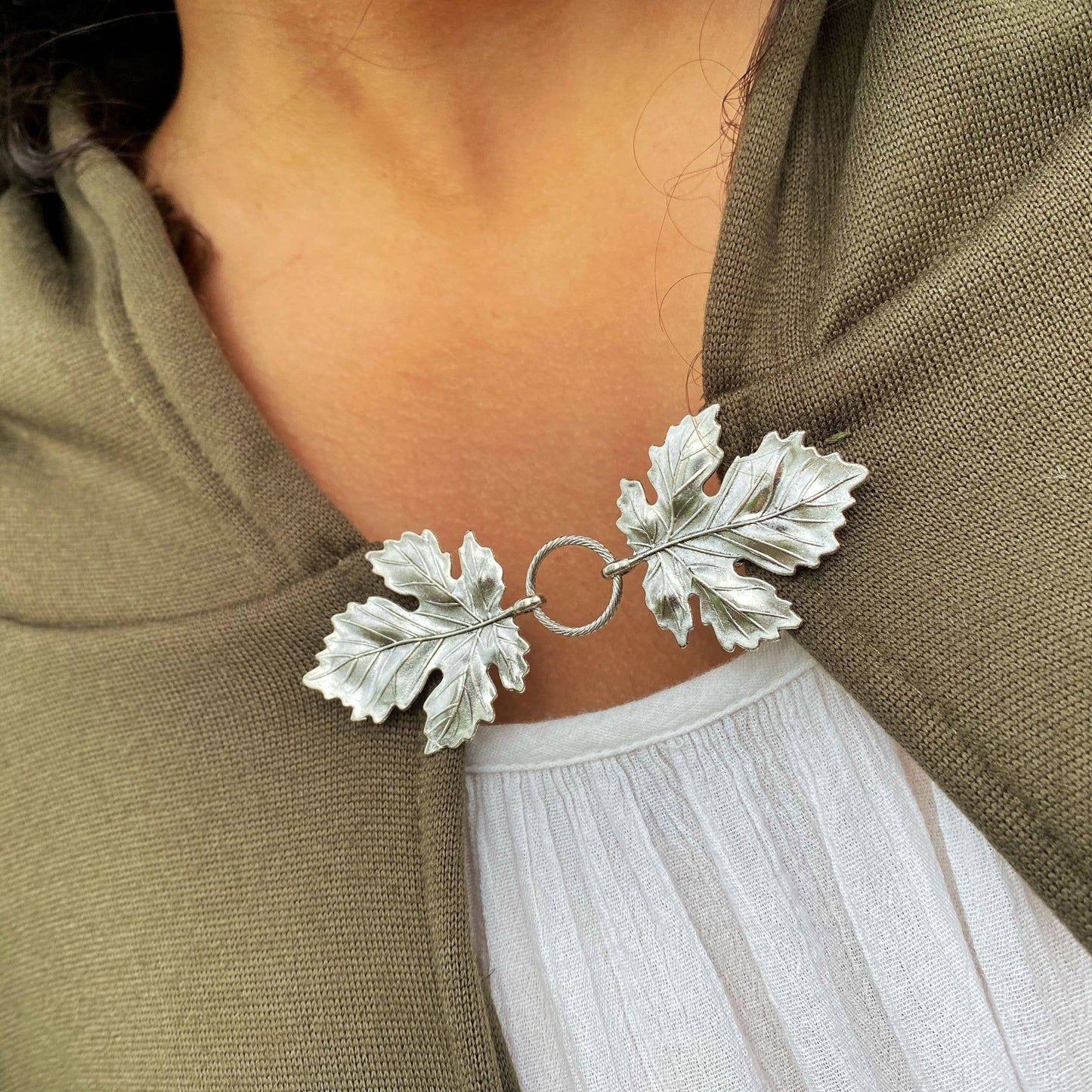 Katlyn - Silver Metal, Double Leaf Clothing Clasp