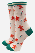 Load image into Gallery viewer, Cream Women&#39;s Candy Cane and Gingerbread Print Bamboo Socks
