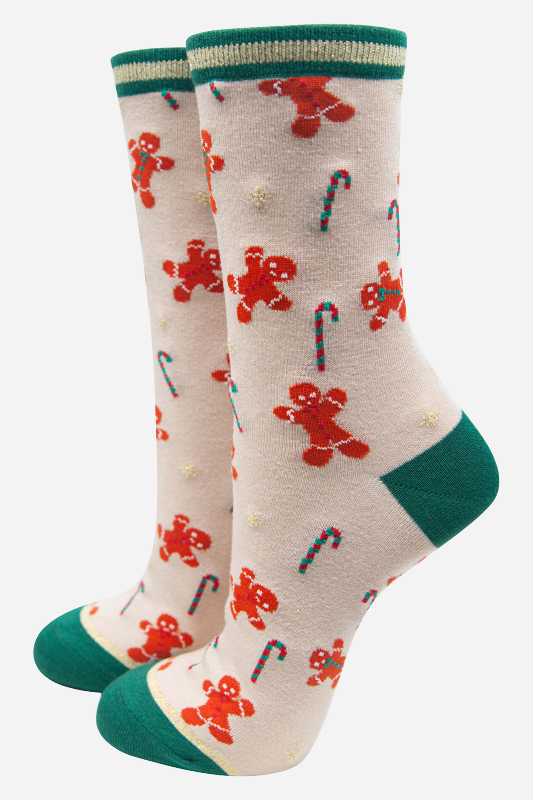 Cream Women's Candy Cane and Gingerbread Print Bamboo Socks