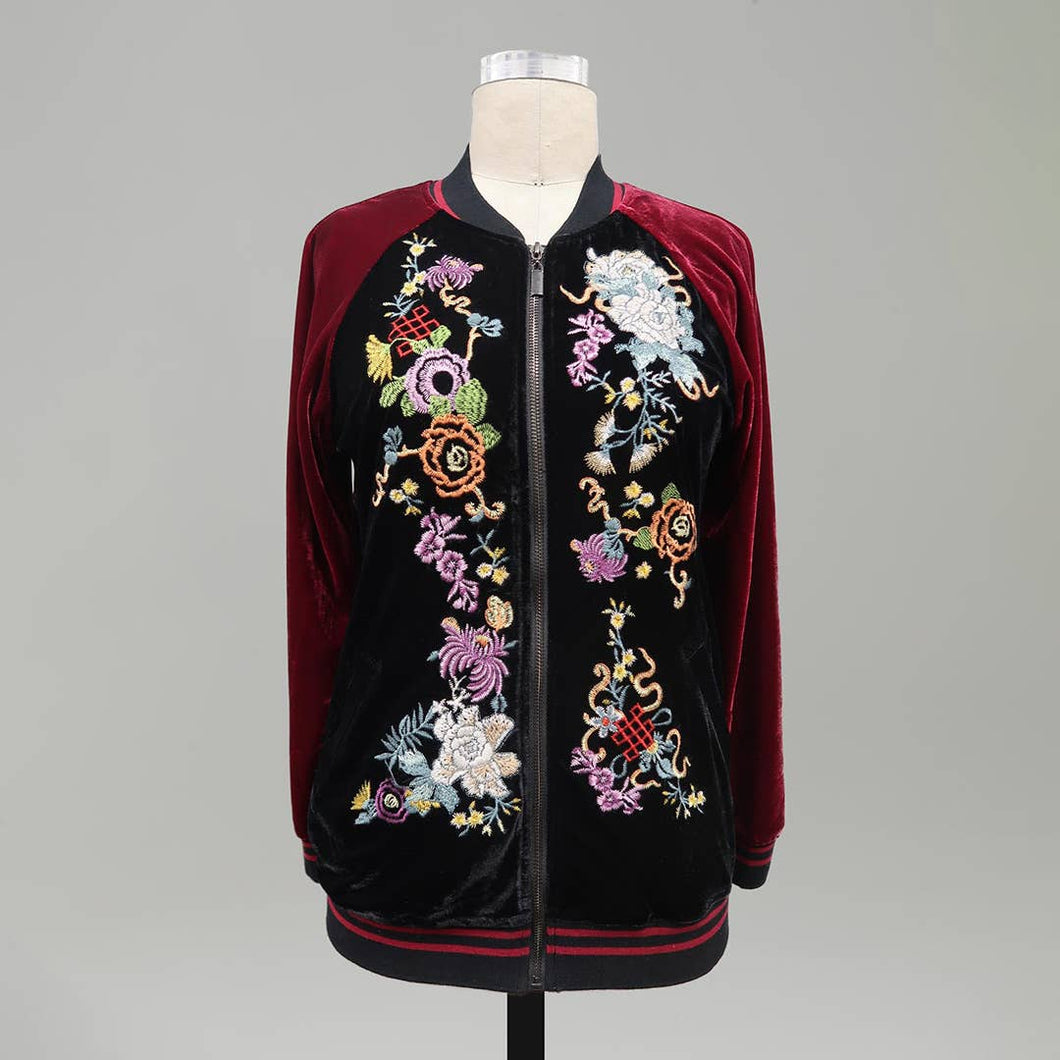 Embroidered Velvet Color Block Baseball Jacket