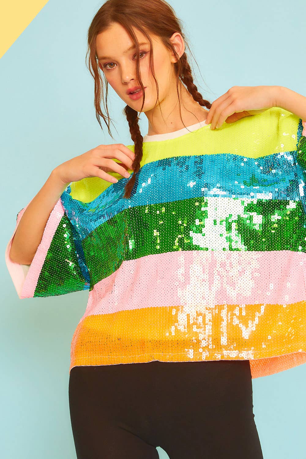 Round Neck Short Sleeve Stripe Sequin Top