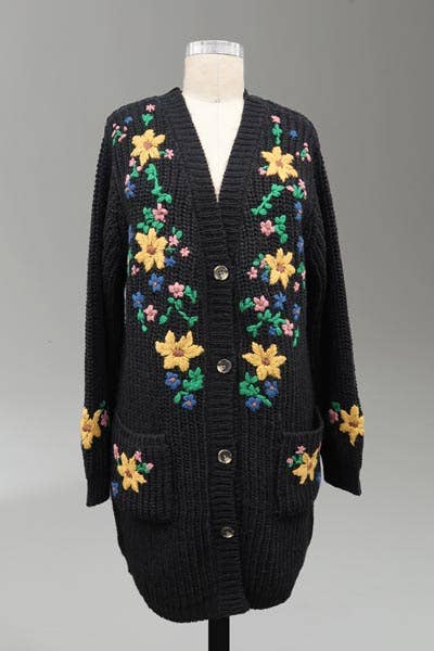 Embroidered Sweater Knit Grandpa Cardigan