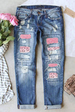 Load image into Gallery viewer, Sky Blue Leopard Gradient Color Patchwork Distressed Jeans
