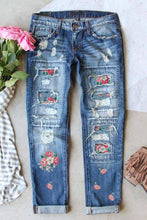 Load image into Gallery viewer, Sky Blue Floral Print Contrast Distressed Mid Waist Jeans
