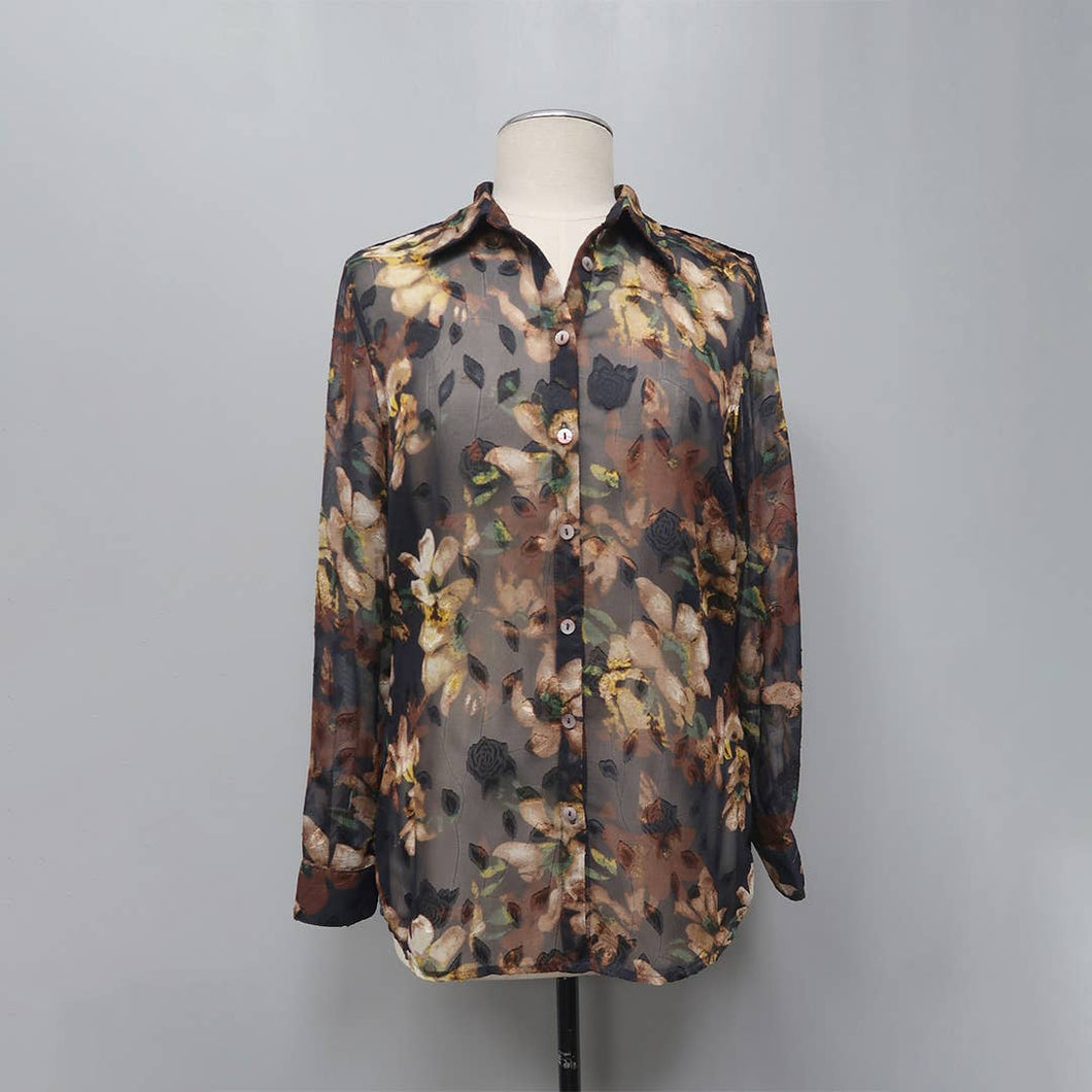 Print Chiffon Shirt w/Crushed Velvet Back