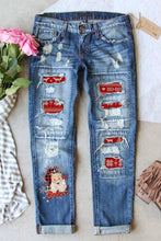 Load image into Gallery viewer, Sky Blue Santa Claus Pattern Splicing Distressed Boyfriend
