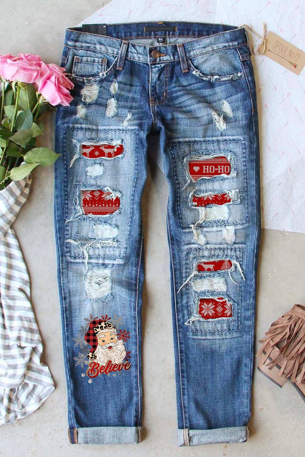 Sky Blue Santa Claus Pattern Splicing Distressed Boyfriend