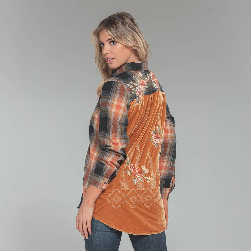 Plaid & Velvet Embroidered Button Front Shirt: Rust