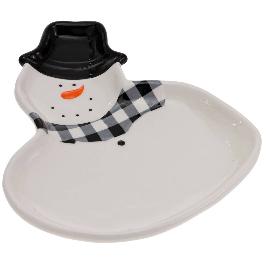 Joyous Black & White Check Snowman Ceramic Plate Christmas