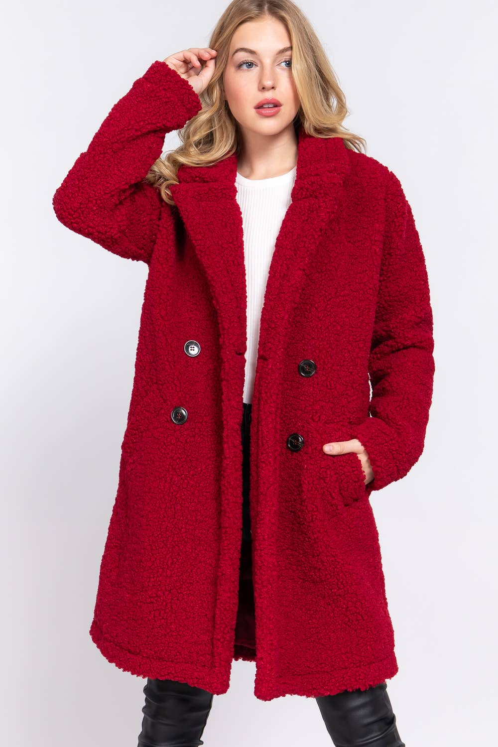 SLIM FIT LONG SLEEVE DOUBLE BREASTED TEDDY COAT: RED