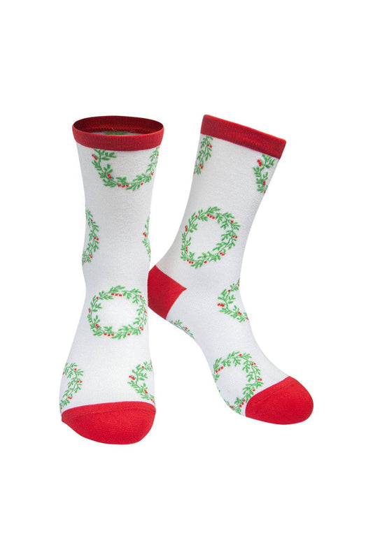 Womens Bamboo Christmas Wreath Socks Xmas Floral Novelty