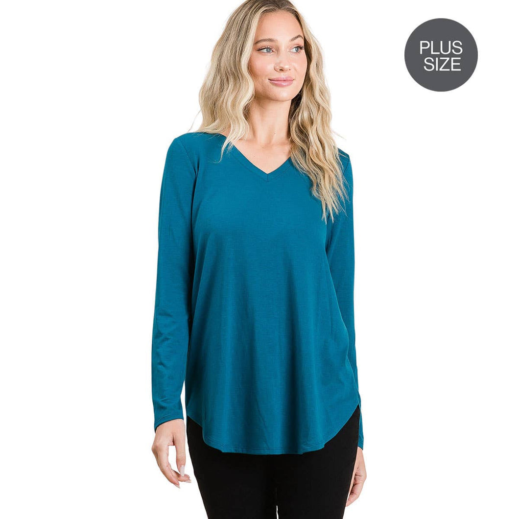 PLUS LONG SLEEVE V-NECK ROUND HEM TOP