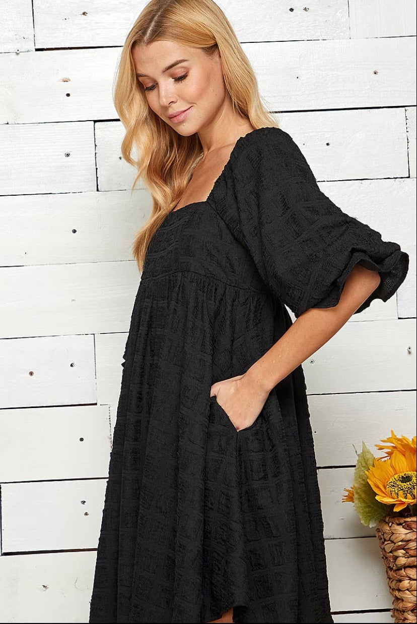 Embossed Square Neck Babydoll Dress