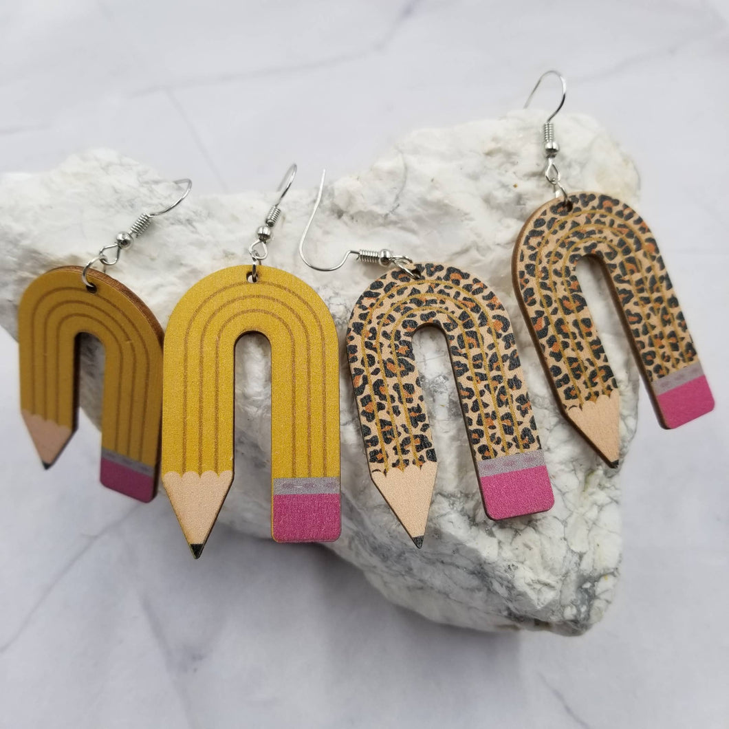 Handmade Yellow & Leopard Wood Teacher Pencil Earrings
