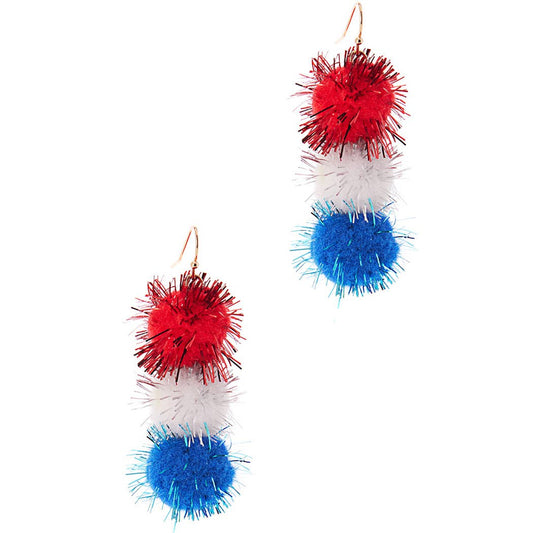 Red White and Blue Pom Pom Hook Earring