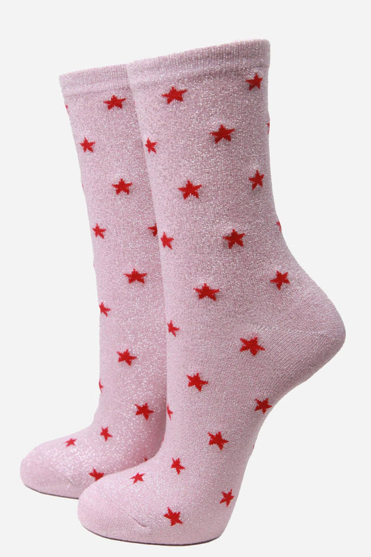 Light Pink Red Star Print Glitter Socks