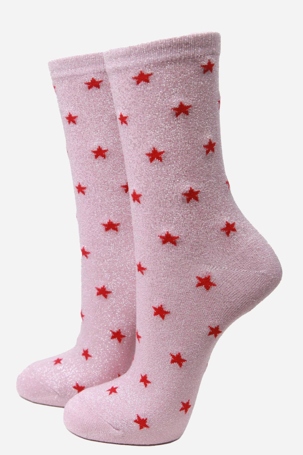 Light Pink Red Star Print Glitter Socks