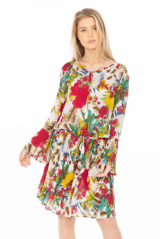 Short Floral Bohemian Dress With Drawstrings