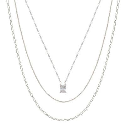 Silver Layered Snake Chain with Squared Pendant Necklace