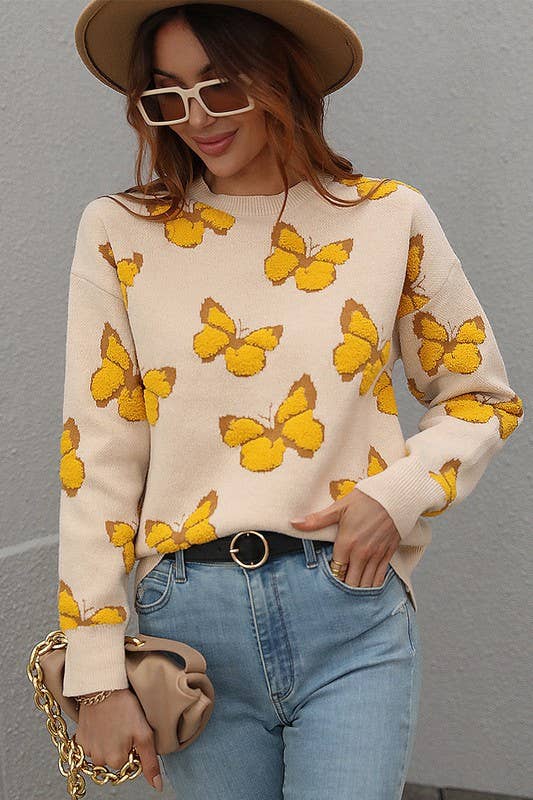 BUTTERFLY PRINTING LONG SLEEVE CASUAL SWEATER