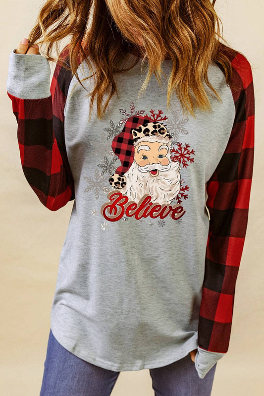 Gray Believe Santa's Buffalo Plaid Sleeve Pullover Sweatshirt