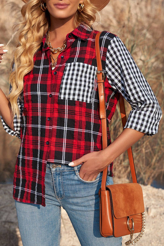 Plaid Splicing Hit Color Pockets Turndown Collar Long Sleeve