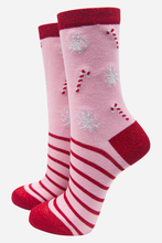 Load image into Gallery viewer, Women&#39;s Candy Stripe and Snowflake Print Bamboo Socks
