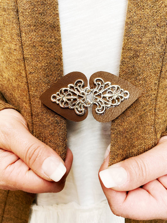 Payton- Silver on Brown Leather Clothing Clasp