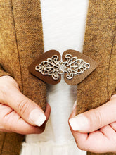 Load image into Gallery viewer, Payton- Silver on Brown Leather Clothing Clasp

