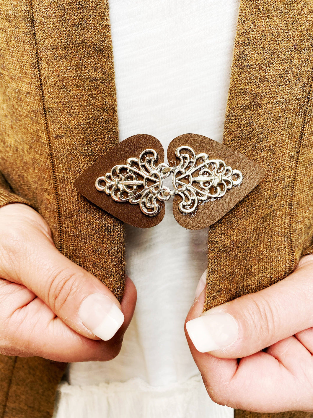 Payton- Silver on Brown Leather Clothing Clasp