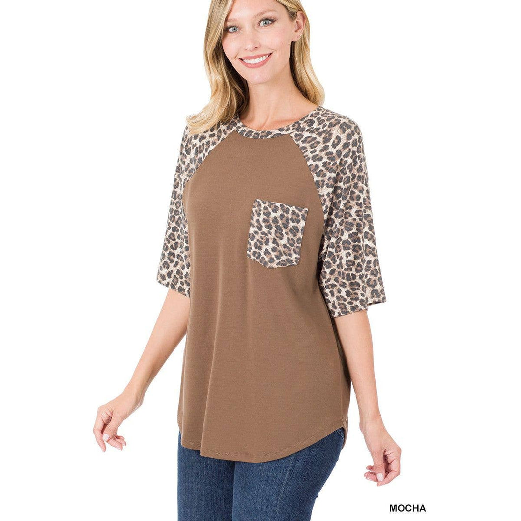 LEOPARD RAGLAN SLEEVE PATCH POCKET TOP