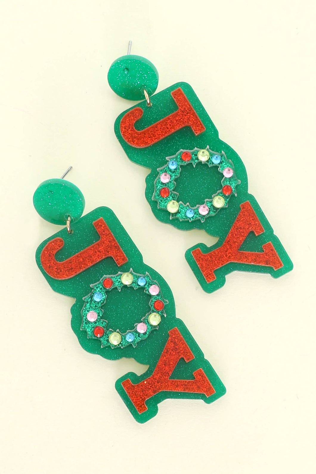 Joy Christmas Wreath Glitter Acetate Earrings