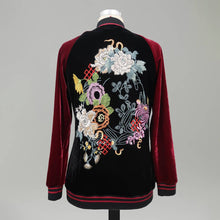Load image into Gallery viewer, Embroidered Velvet Color Block Baseball Jacket
