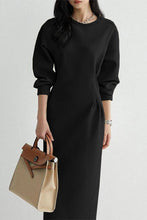 Load image into Gallery viewer, Black Solid Color Cinched Waist Long Sleeve Maxi Dress
