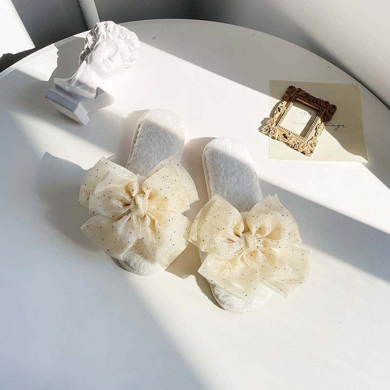 Large organza bow slippers in Cream