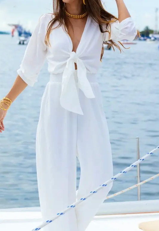 All White Front Knot Jumpsuit